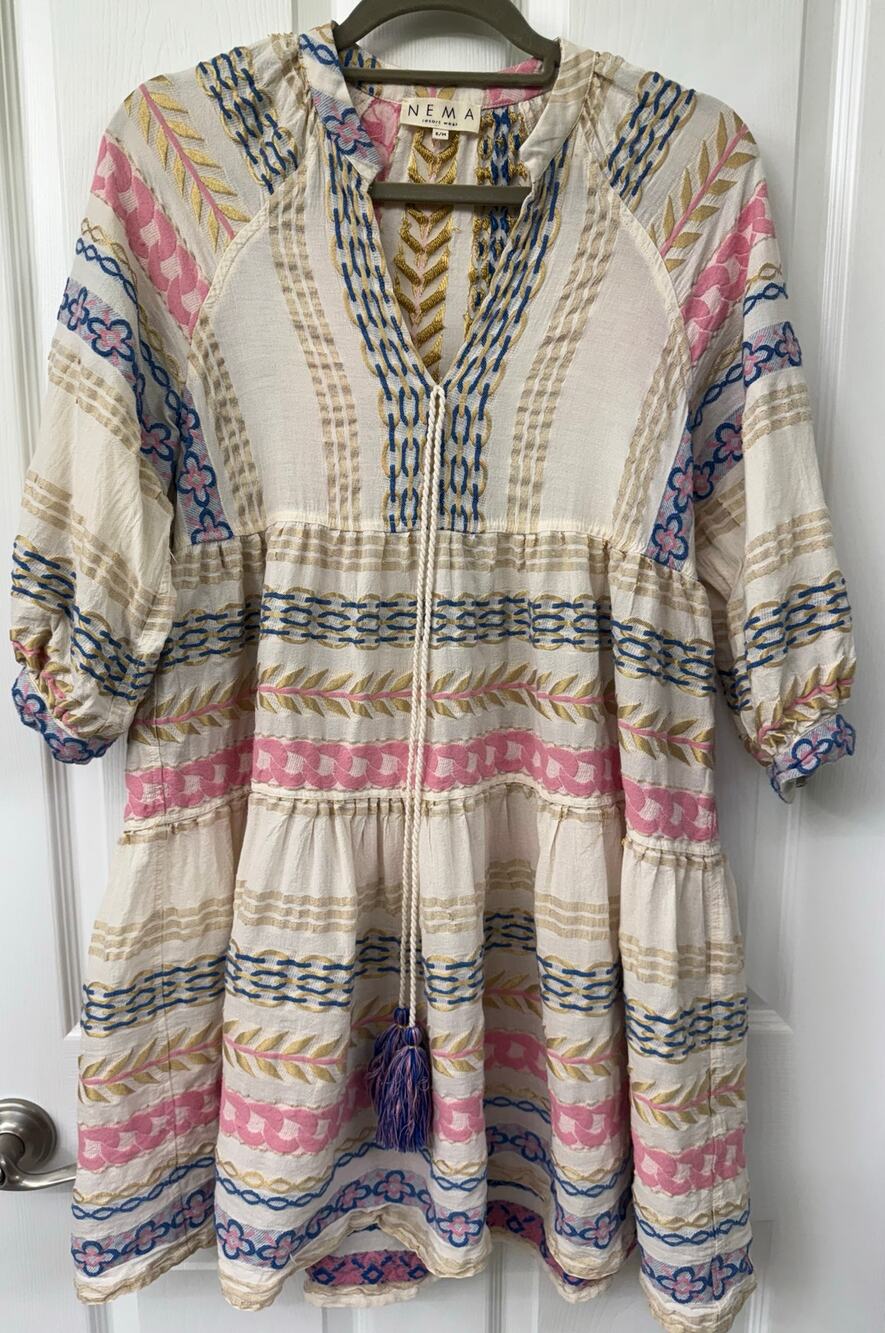 Nema Resort babydoll dress embroidered cotton pink boho v-neck medium NWOT
